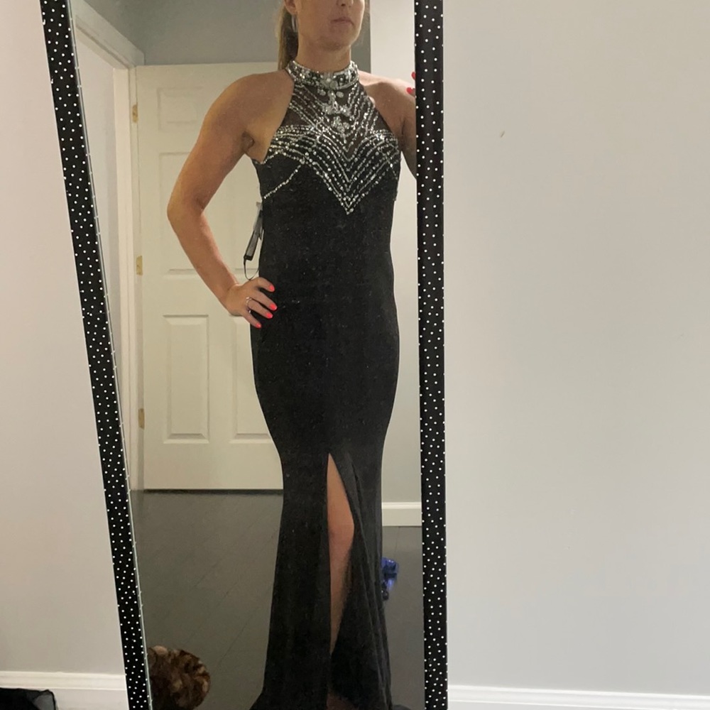 Comfortable and sexy black beaded evening gown
